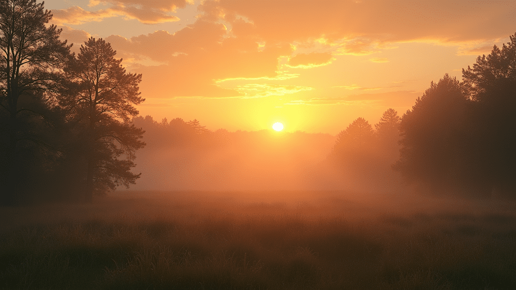 A peaceful sunrise in a tranquil natural setting, symbolizing new beginnings and inner reflection.