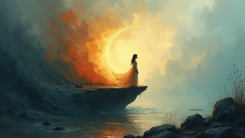 abstract depiction of balance between spiritual and material world, with natural elements and subtle light