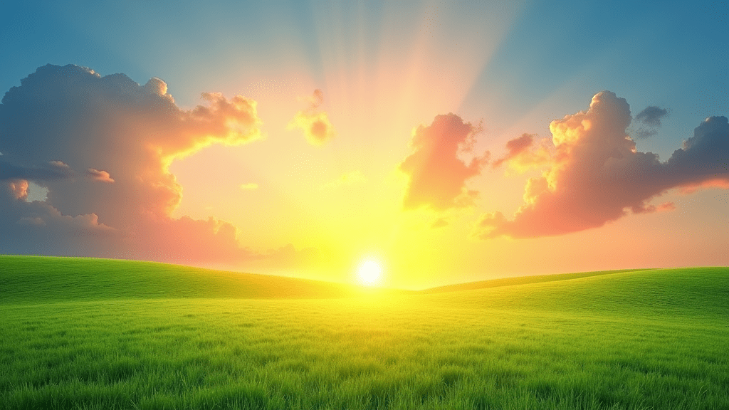 Colorful sunrise above a tranquil landscape with vibrant green fields and a clear sky