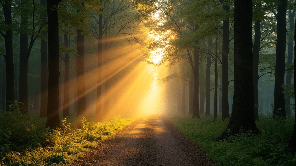 pathways in a peaceful forest with rays of light