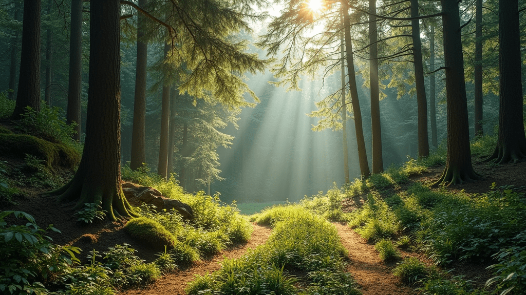 peaceful forest with sunlight filtering through trees