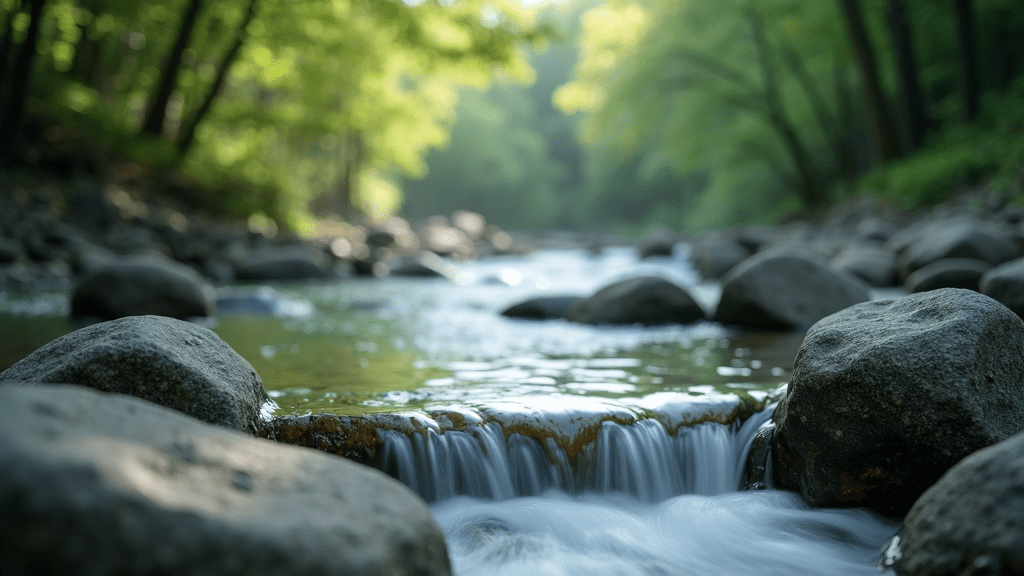 A calm natural landscape with flowing water, stones, and soft natural light, evoking a sense of mindfulness and peaceful presence.