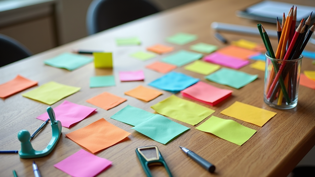 A collection of colorful sticky notes and brainstorming tools arranged on a large wooden table, representing creative business problem-solving strategies.