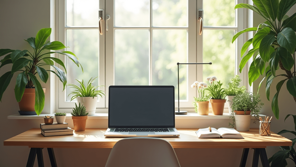 A cozy home workspace with motivational objects, vibrant plants, and natural light.
