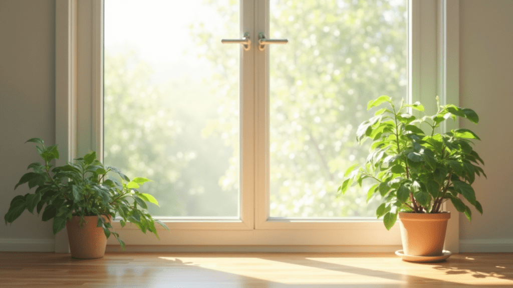 A peaceful minimalist living space with no electronic devices, sunlight streaming through a window, and a lush green plant on a wooden table.