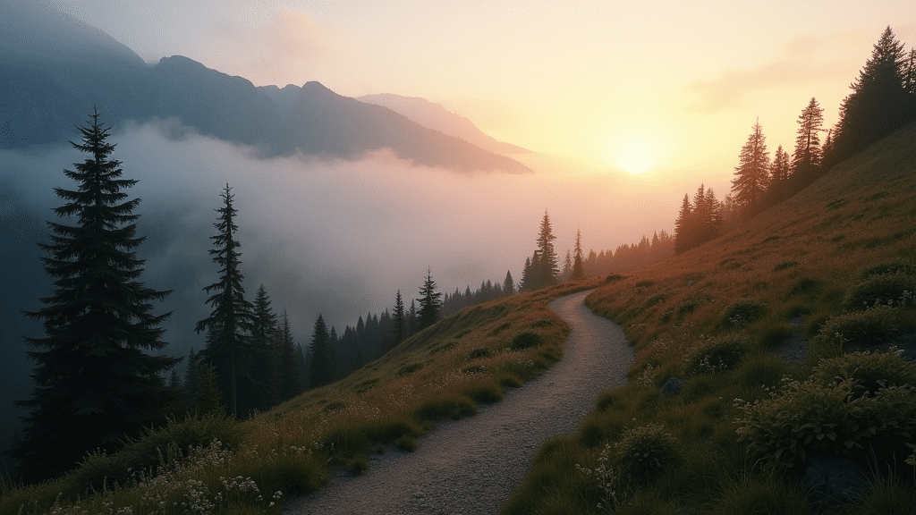 A serene mountain landscape covered in mist, with a single winding trail leading through lush evergreen trees toward a glowing sunrise.