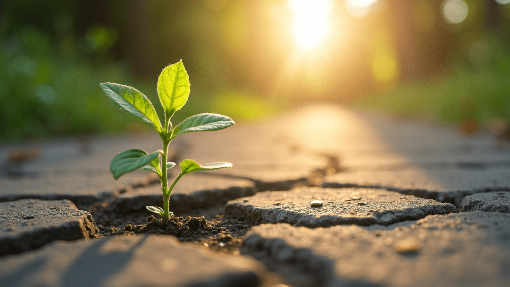 The Power Of A Growth Mindset: Transforming Obstacles Into Opportunities 1 A small plant breaking through cracked pavement, sunlight streaming down as a symbol of resilience and optimism.