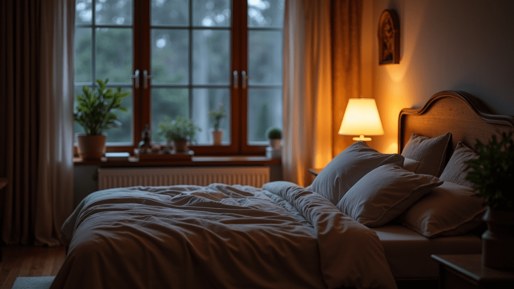 A tranquil bedroom at night with soft natural lighting, plush bedding, and calming decor creating a peaceful sleep environment