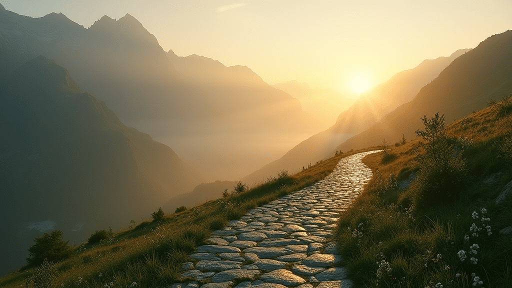 A tranquil sunrise landscape featuring misty mountains and an ancient stone path winding through a lush green valley, with warm sunlight illuminating the scene.