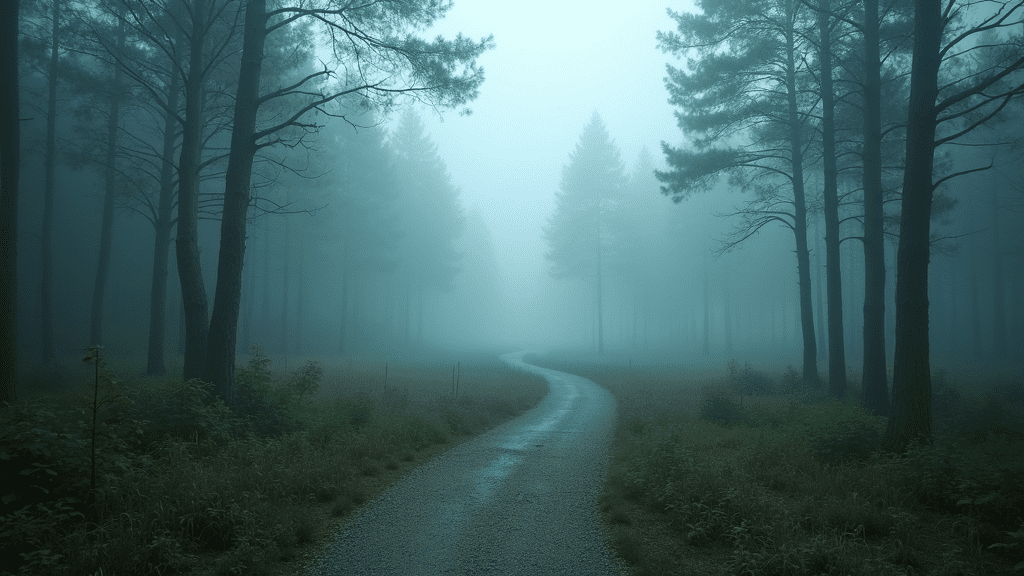 A winding path through a misty, unpredictable forest landscape, symbolizing navigating uncertainty in entrepreneurship.