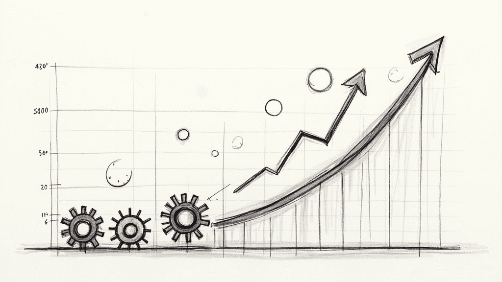 Blueprint sketch of business scaling, with gears, upward arrows, and growth icons.