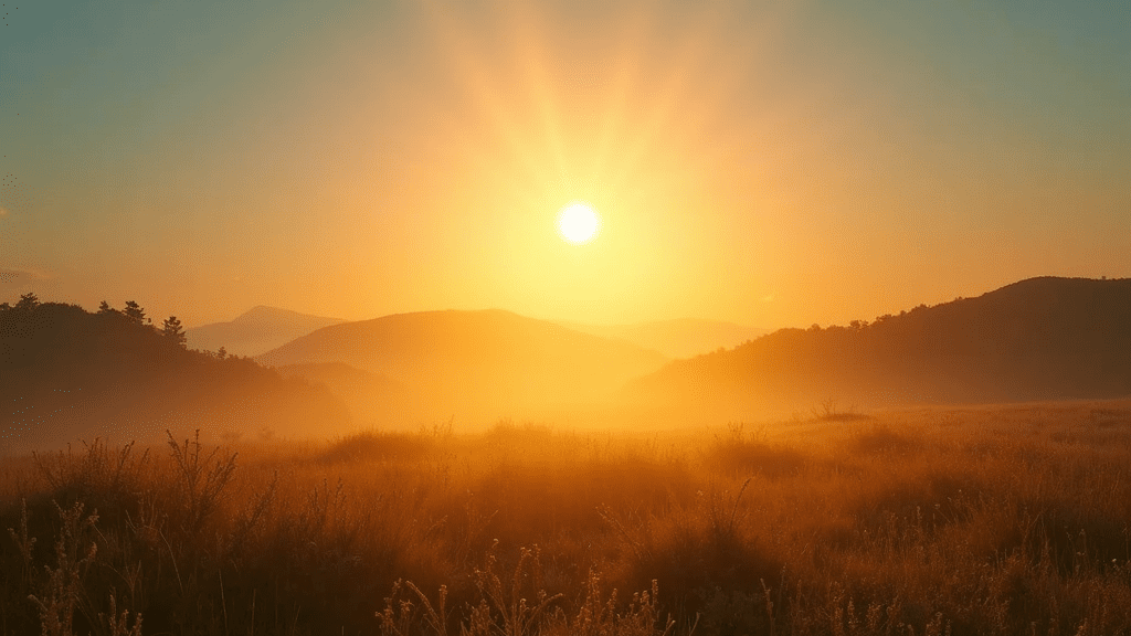 Bright sunrise over a tranquil landscape with beams of light, symbolizing positivity and clarity.