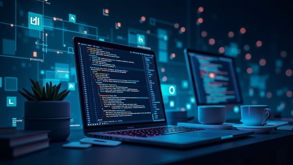 A creative illustration showing multiple connected devices and bright ideas, symbolizing a software developer's work spreading through the digital world