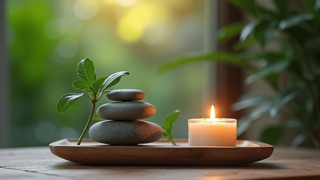 Mindfulness Meditation: Your Step-by-Step Guide To Emotional Balance 1 A tranquil setting with stones, candles, and greenery, capturing the spirit of mindfulness meditation