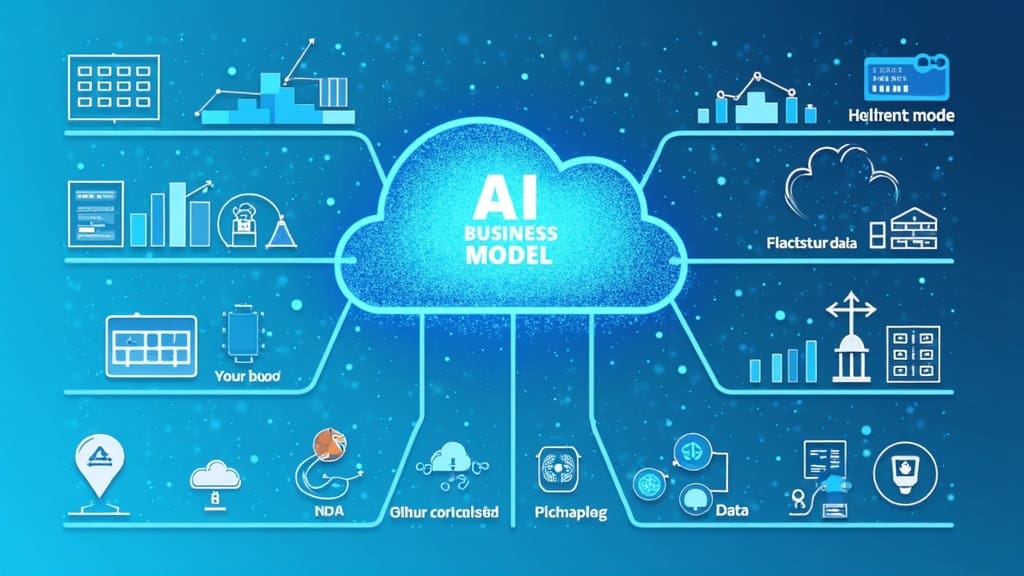 How To Start A Software Business That Will Make Profit 1 Conceptual infographic showing interconnected AI business models, data, cloud computing, and flowcharts representing AI-driven opportunities.