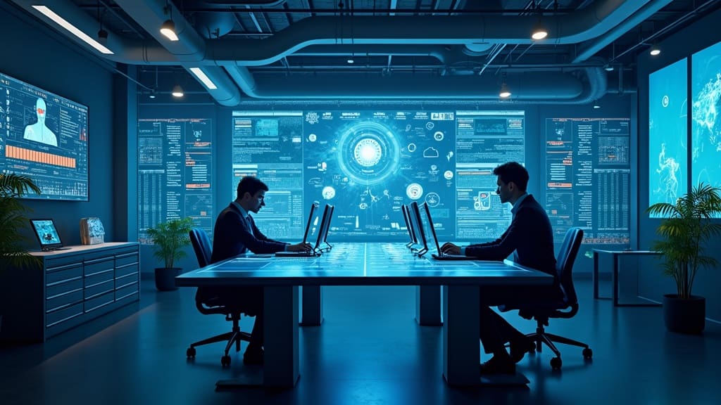 Futuristic workspace filled with technology, digital interfaces, and secure servers