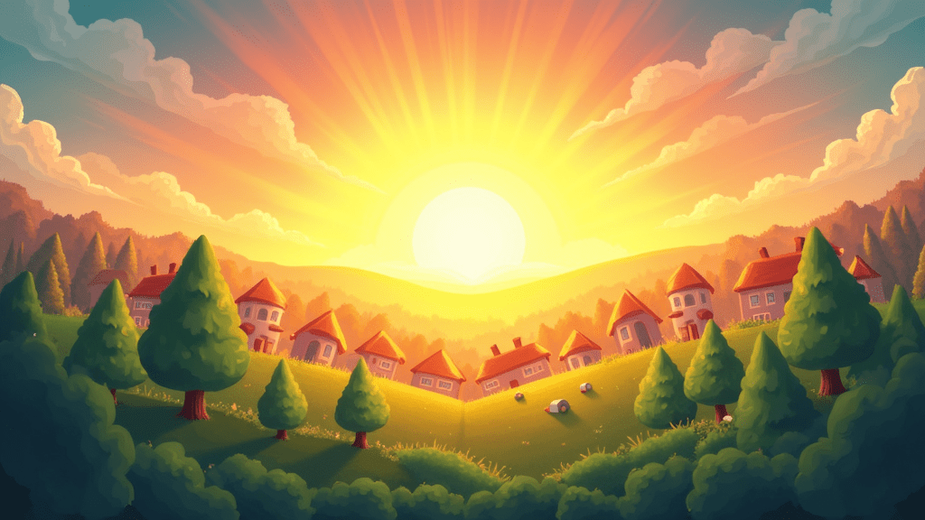 Building A Support Network: How To Surround Yourself With Positivity 1 Illustration of a sunrise over a peaceful, thriving community with green trees and light-filled homes