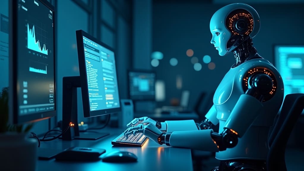 Robotic arm and futuristic interface analyzing data