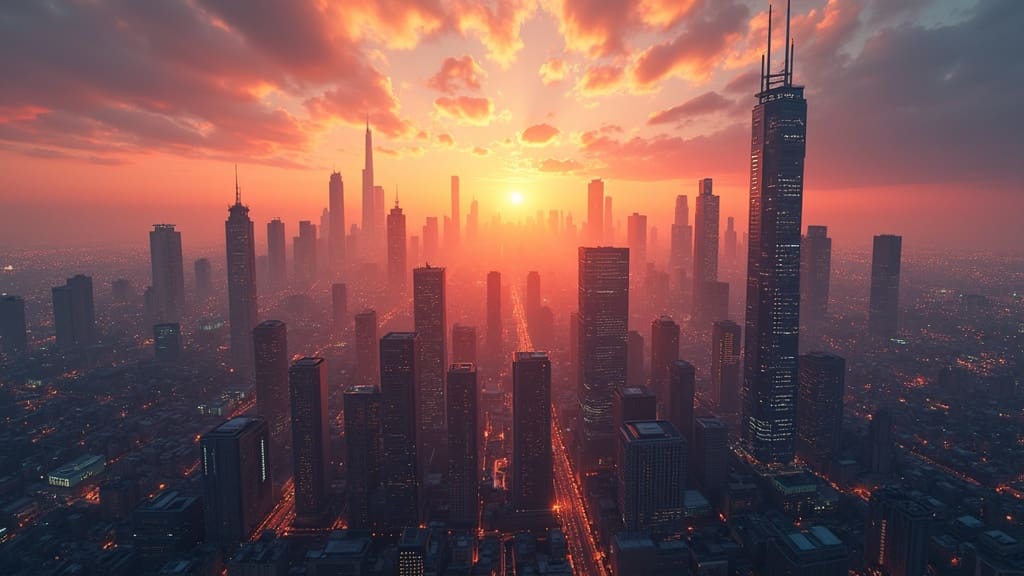 A digital illustration of a futuristic city skyline built from computer components, symbolizing the fusion of technology and new opportunities against an optimistic sunrise.