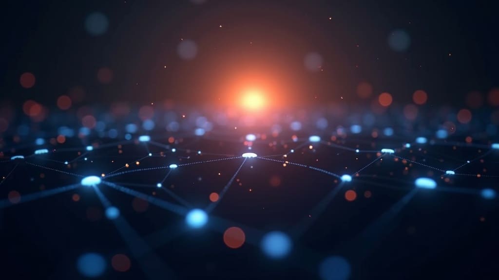 An abstract, stylized network of digital nodes and circuits, with a subtle sunrise glowing in the background to represent new beginnings in the tech world.