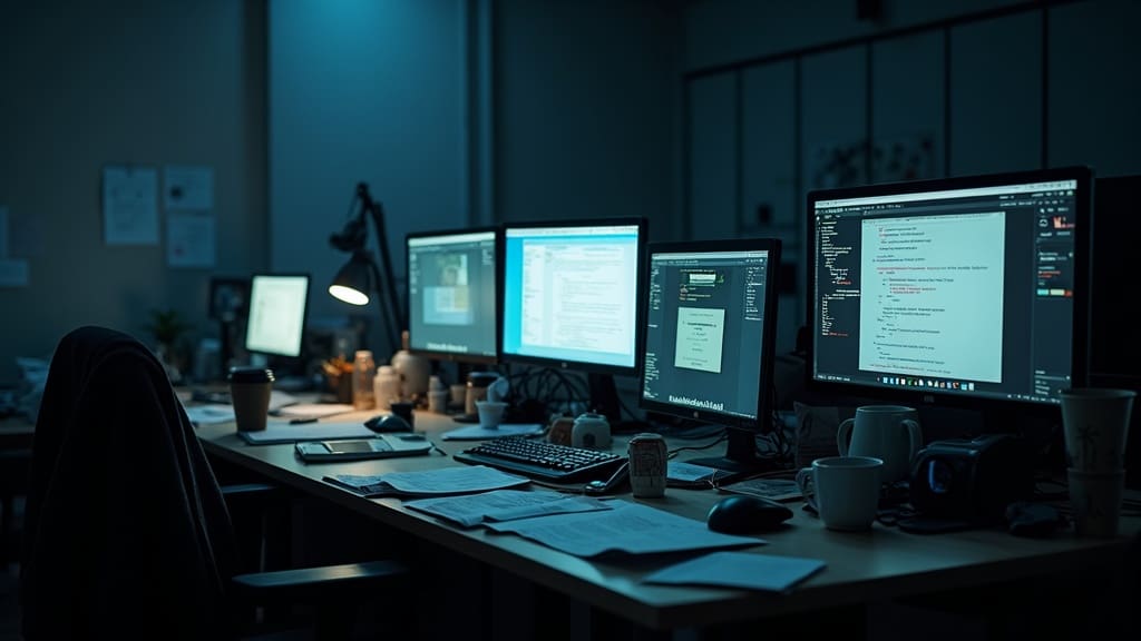 A foggy, cluttered computer desk with multiple screens, empty mugs, and to-do lists.