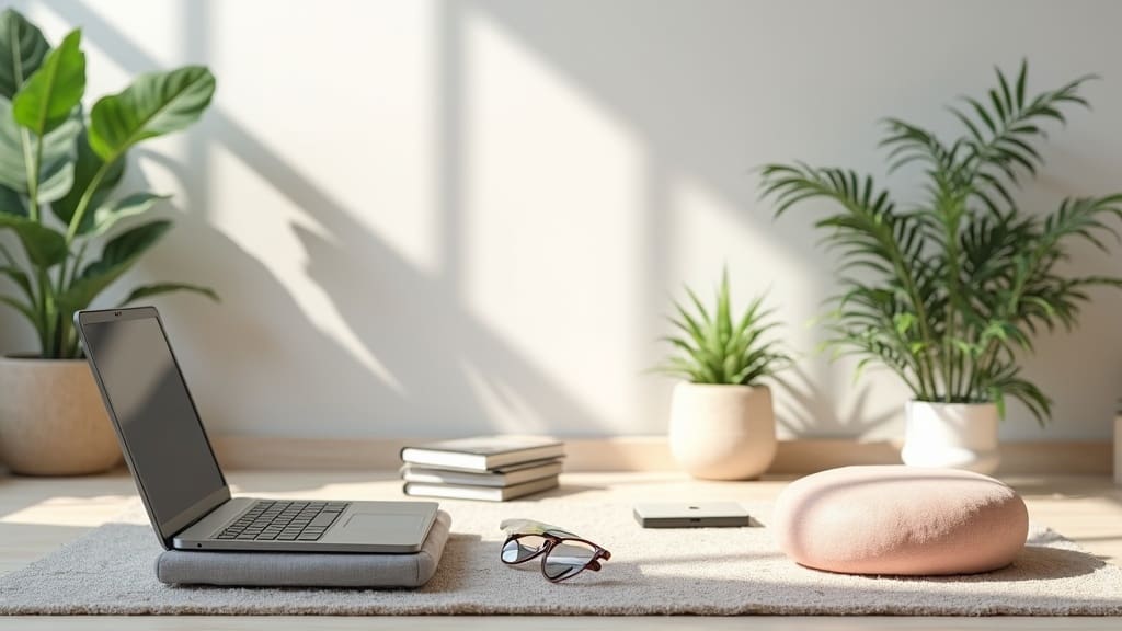 A serene, minimalist workspace featuring meditation cushions, tech gadgets, plants, and soft natural lighting designed for a calming effect.