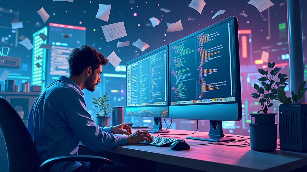 Abstract digital illustration of a chaotic tech workspace with screens, code, and paper floating in the air.