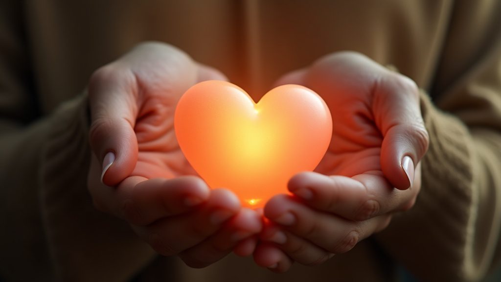 Gratitude concept visual: hands holding a simple glowing heart, set amid peaceful natural scenery, gentle tones.