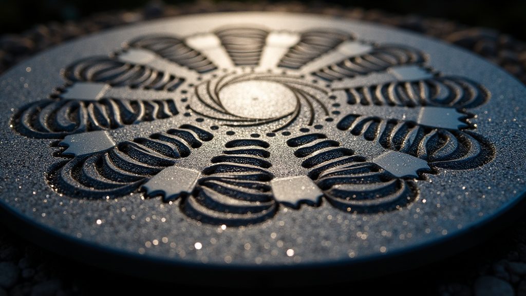 Vibrant cymatics patterns formed in fine sand on a metal plate shaped by sound waves