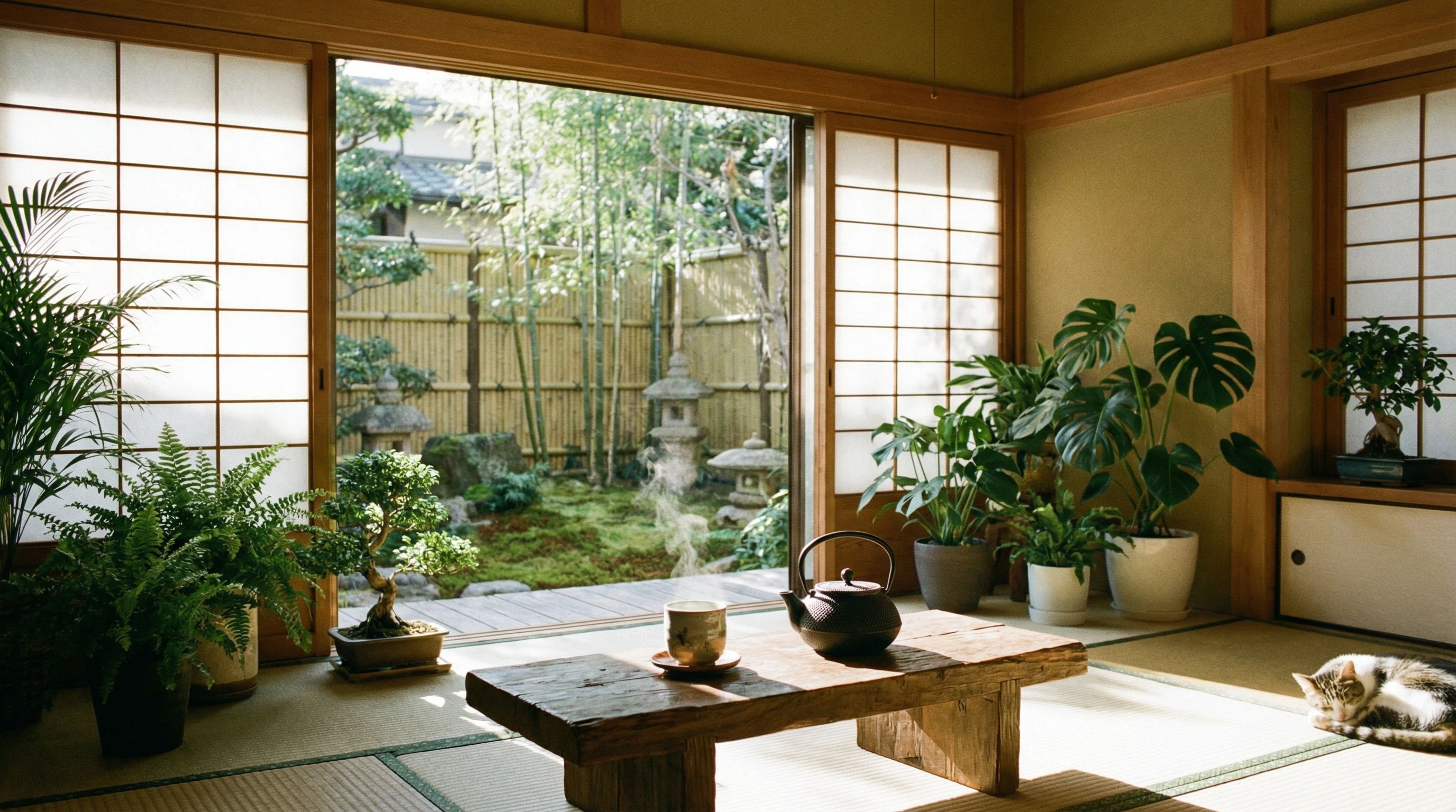 A peaceful, zenlike space with open windows, green plants, and a cup of tea on a small table, natural light streaming in.