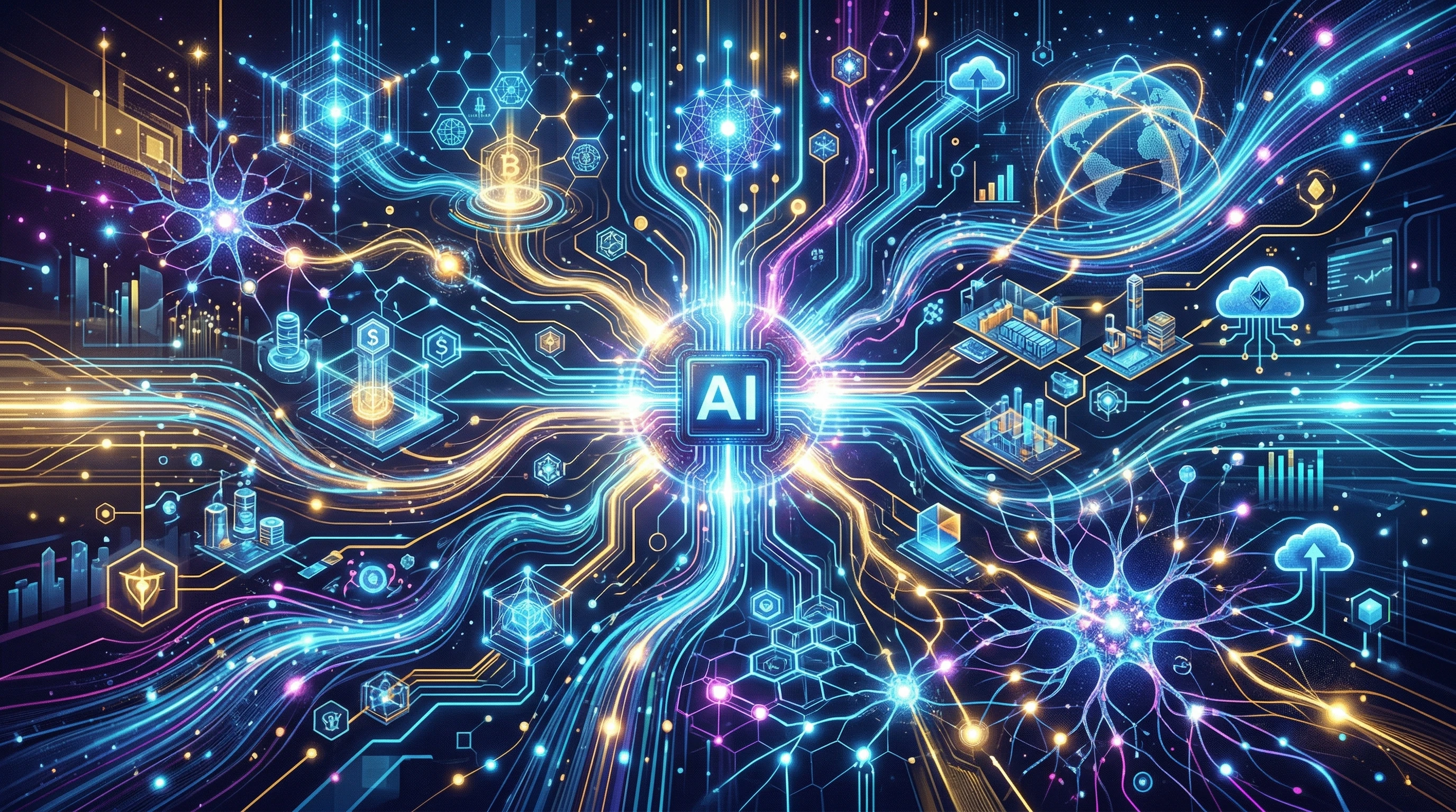 Abstract concept art of an AI-powered business ecosystem