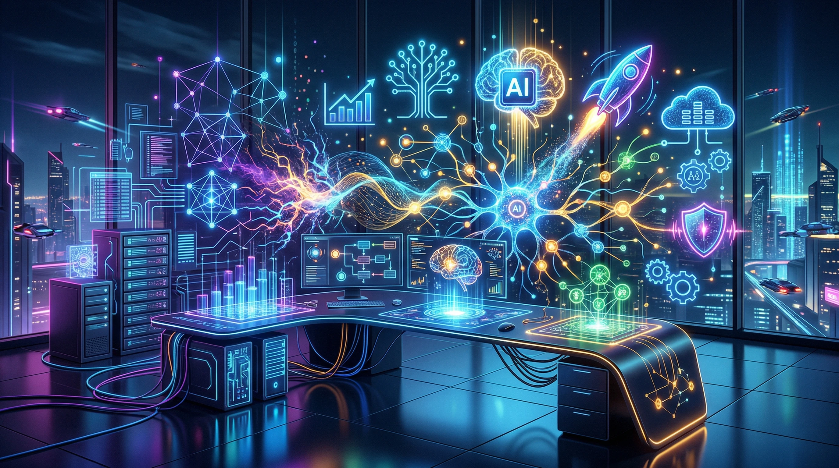 Abstract futuristic workspace with AI elements and digital tools, symbolizing freedom from a corporate job.