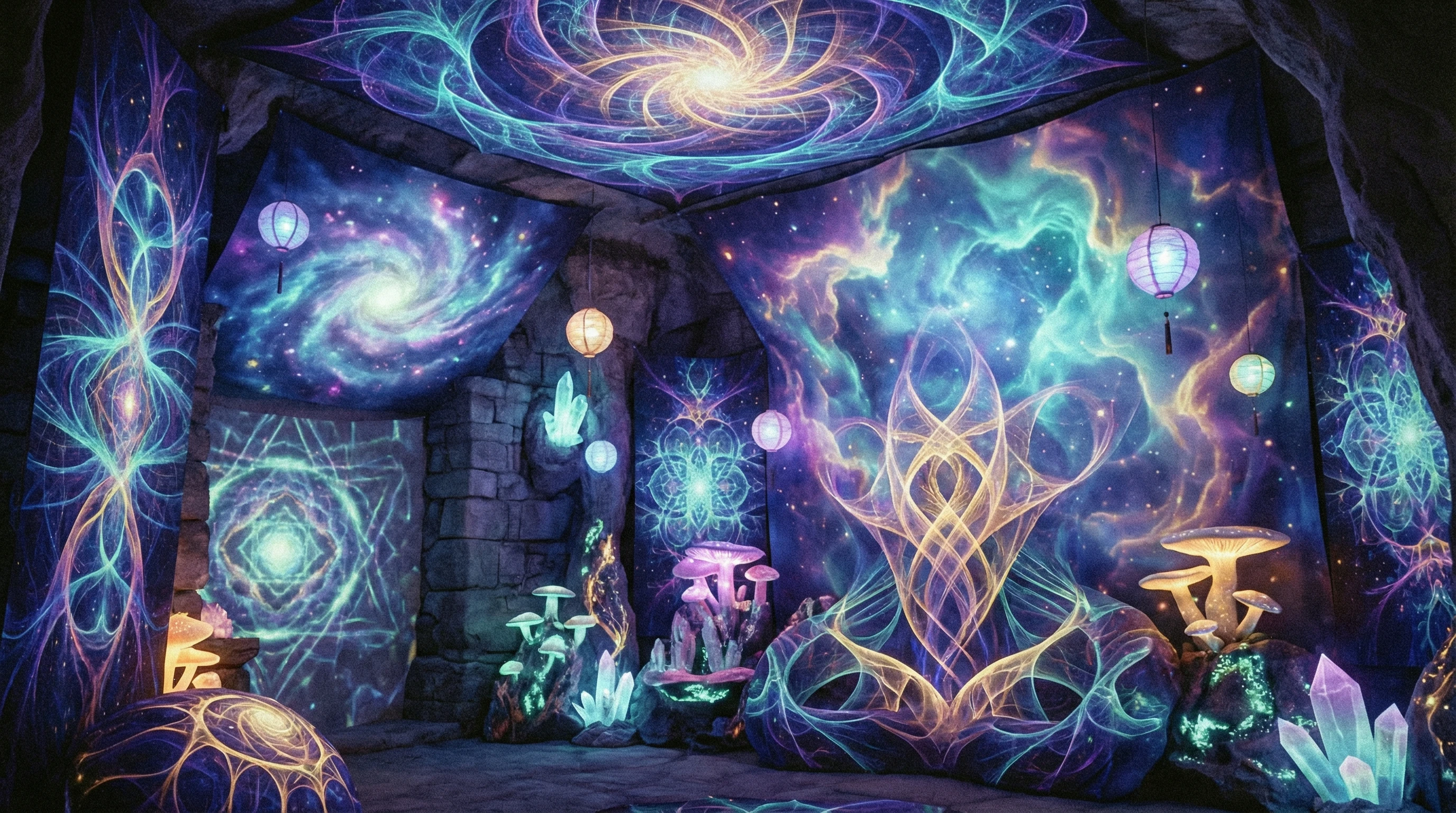 abstract shapes and light patterns evoking meditation energy