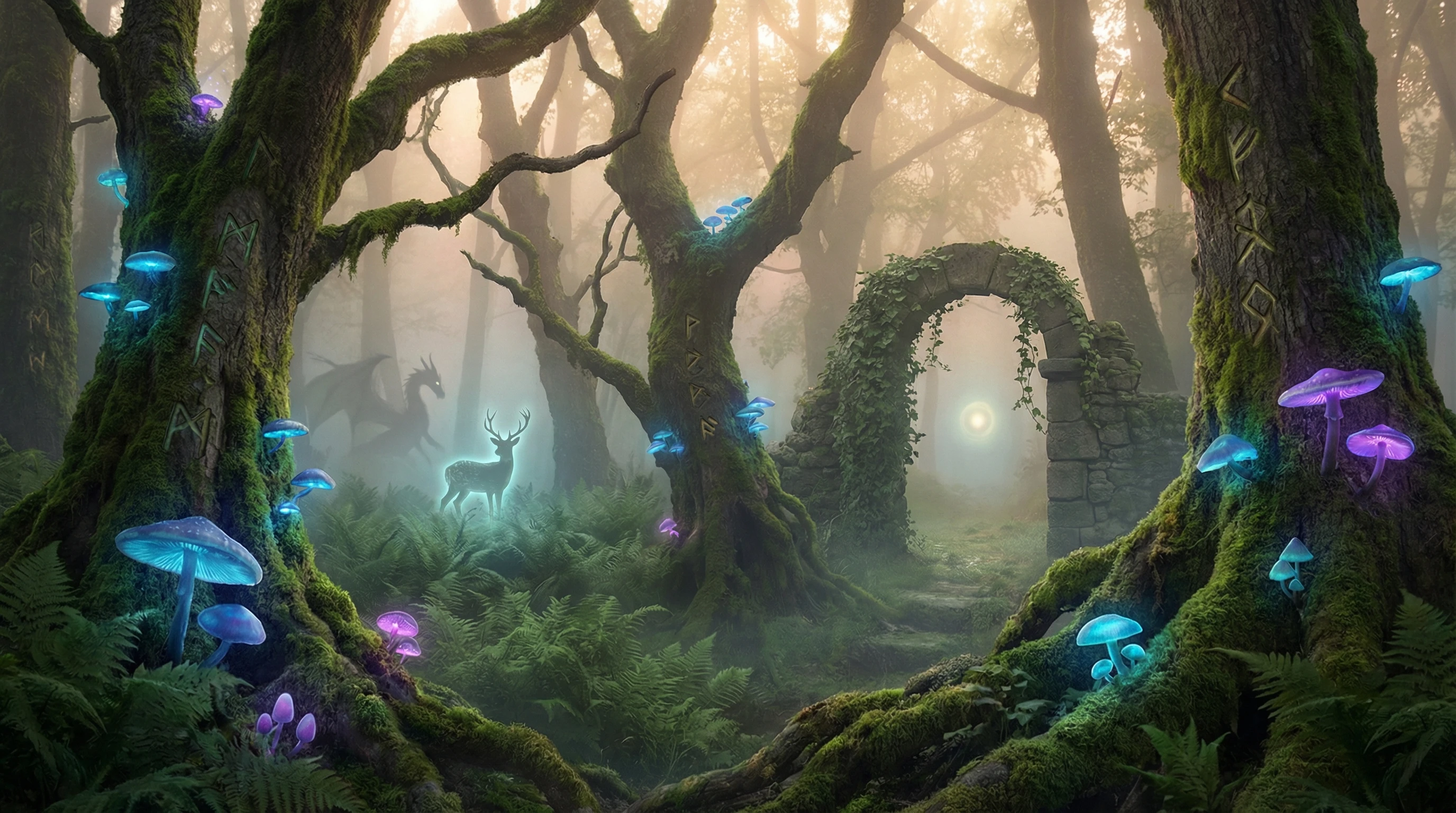 Ancient symbols and mythical creatures in a mystical, forested landscape