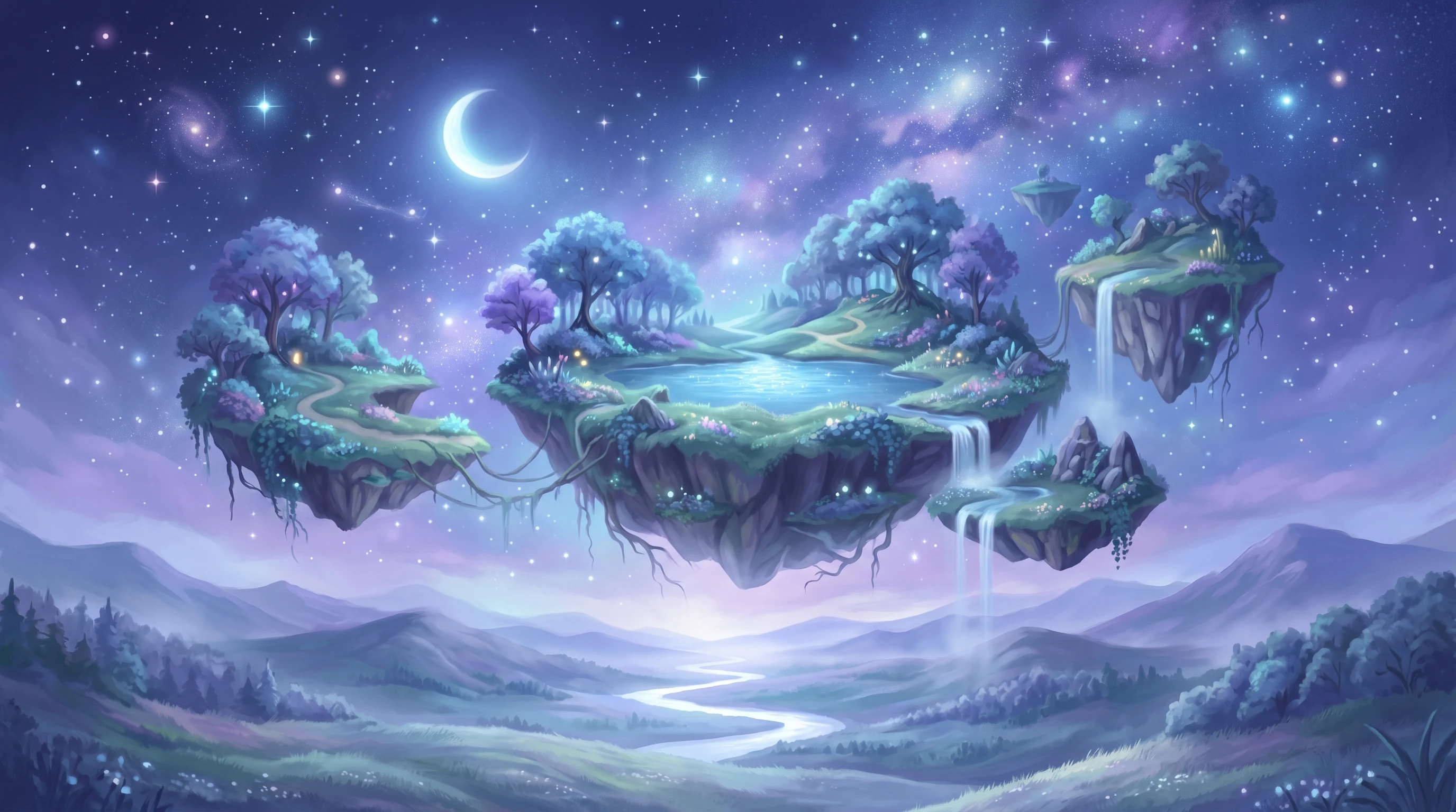 A calm, surreal dreamscape with floating islands, glowing stars and an open sky.