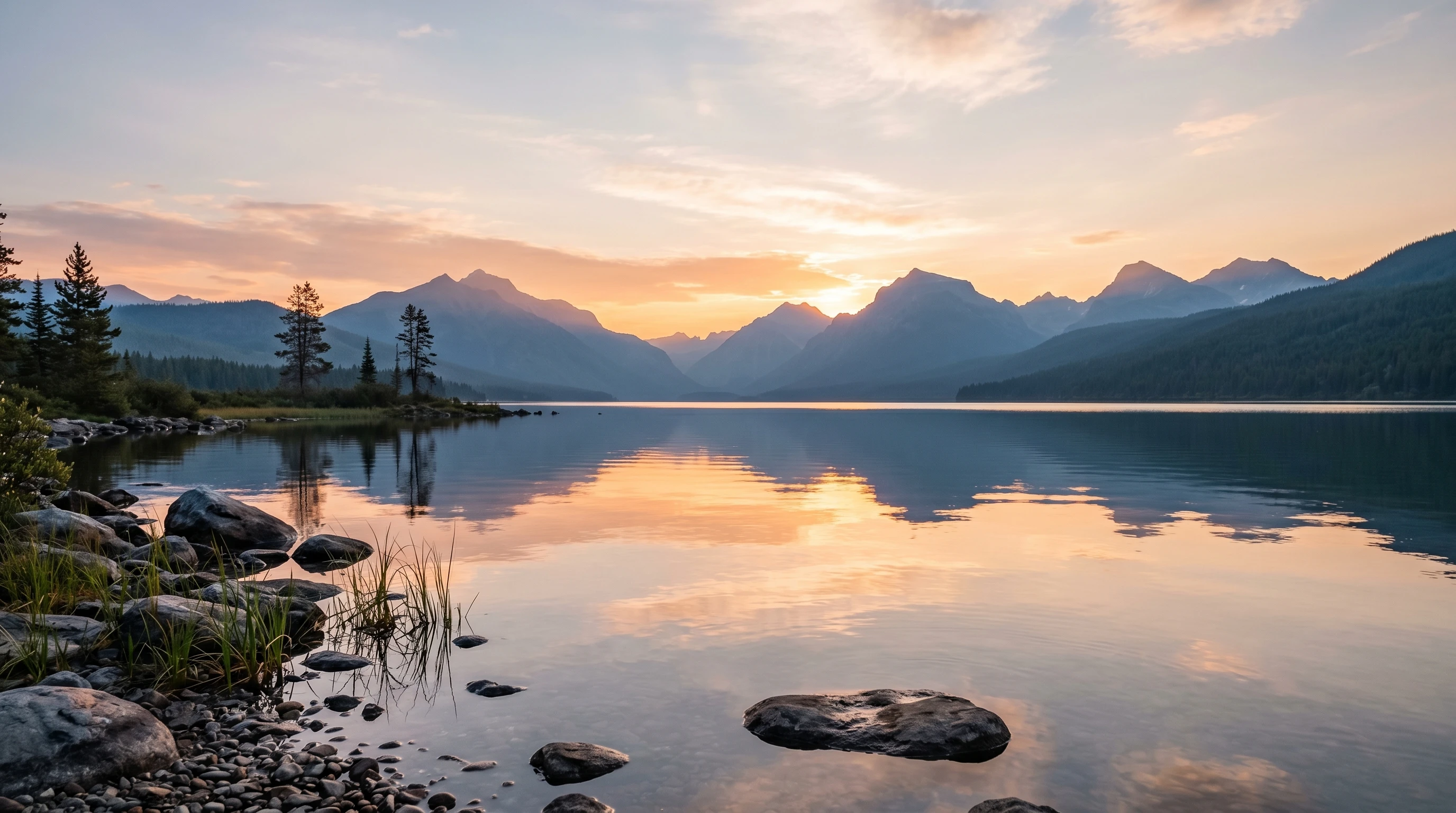 A tranquil meditative landscape with sunrise, water, and distant mountains, evoking inner peace without showing people or words.