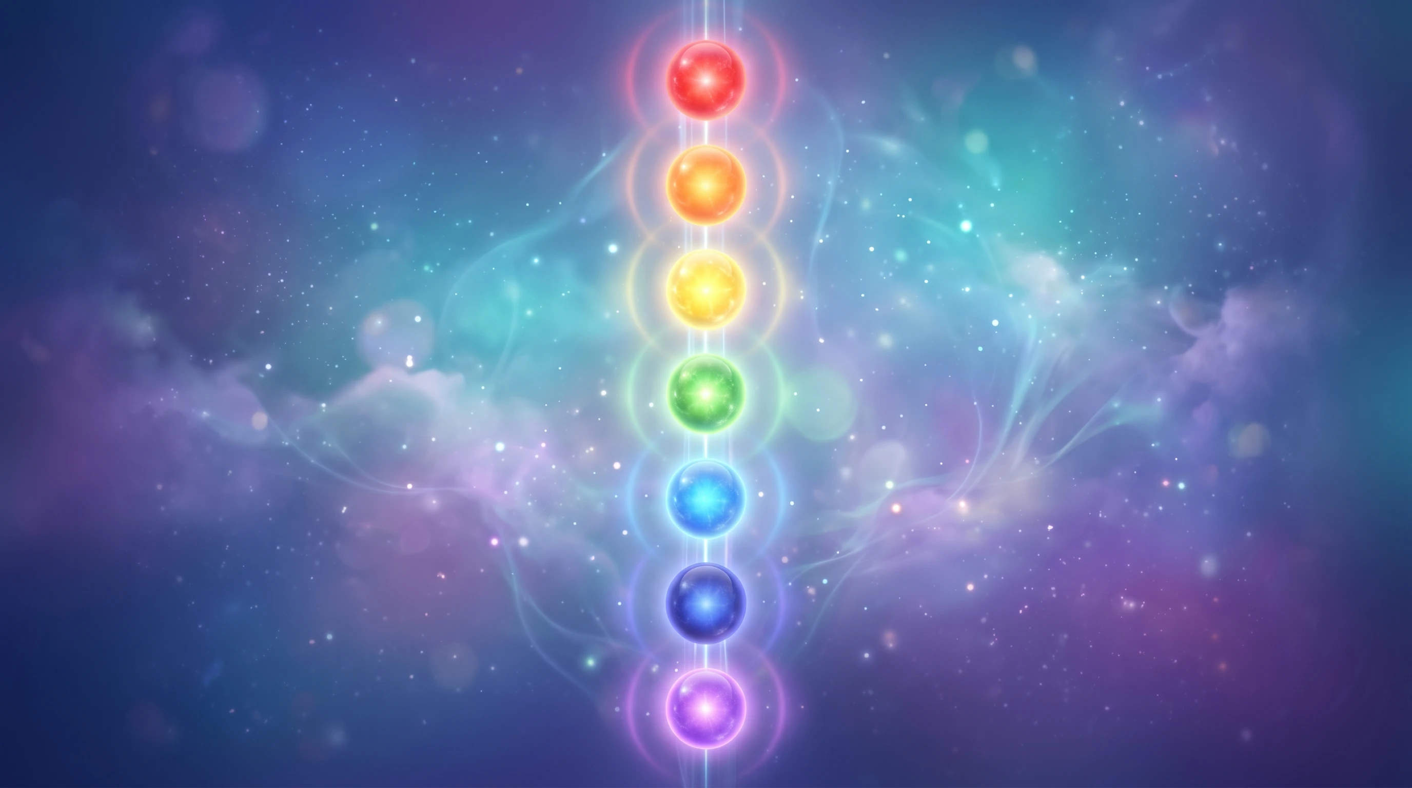 Abstract visual of seven radiant colored spheres arranged along a vertical axis, surrounded by gentle glows and soft gradients on a calm, mystical background.
