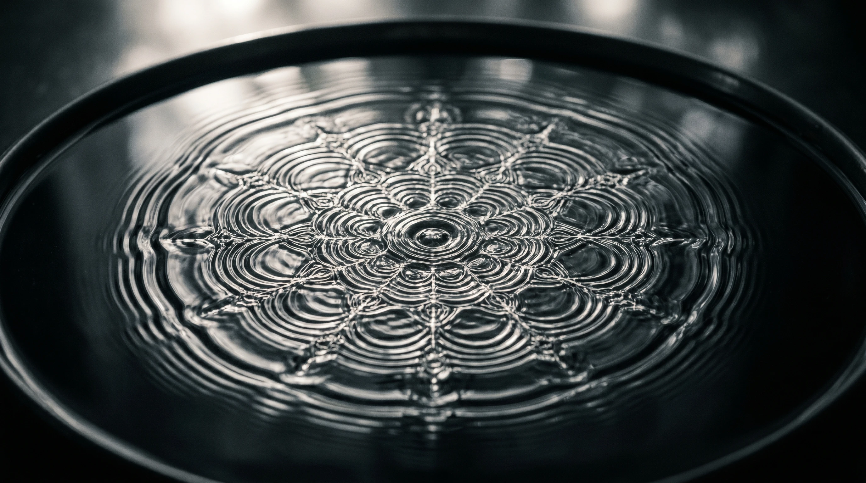 Vibrant cymatic patterns on water surface showing ripple shapes and symmetry